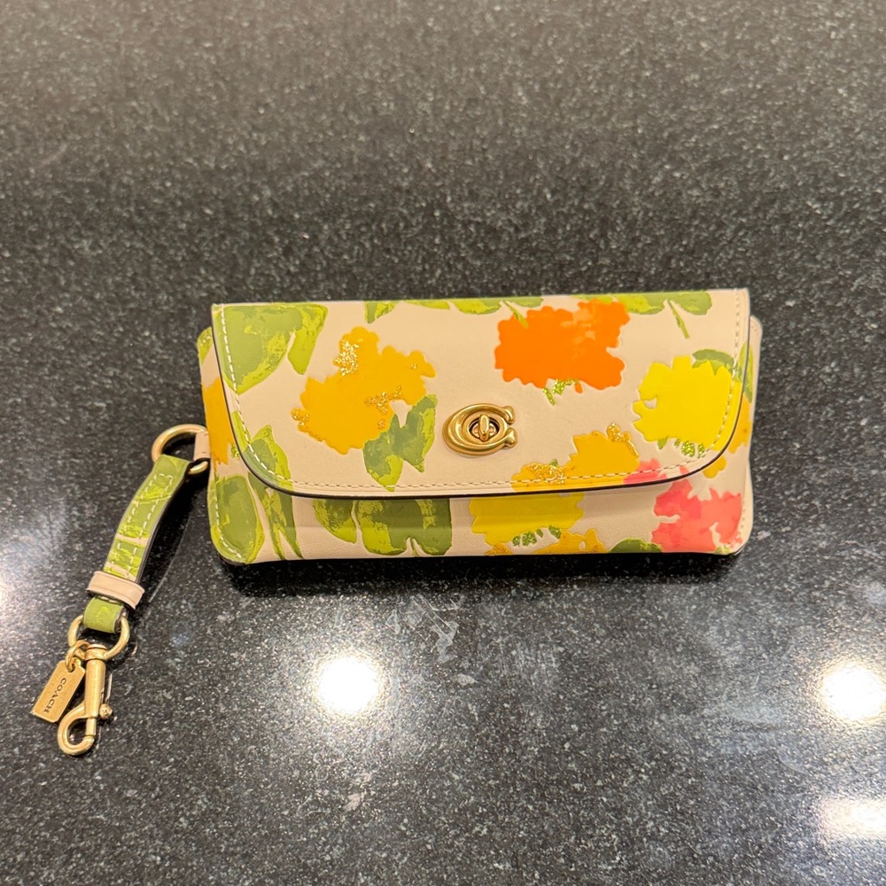 Coach Tan/Floral Leather Sunglasses Case with Turnlock Closure